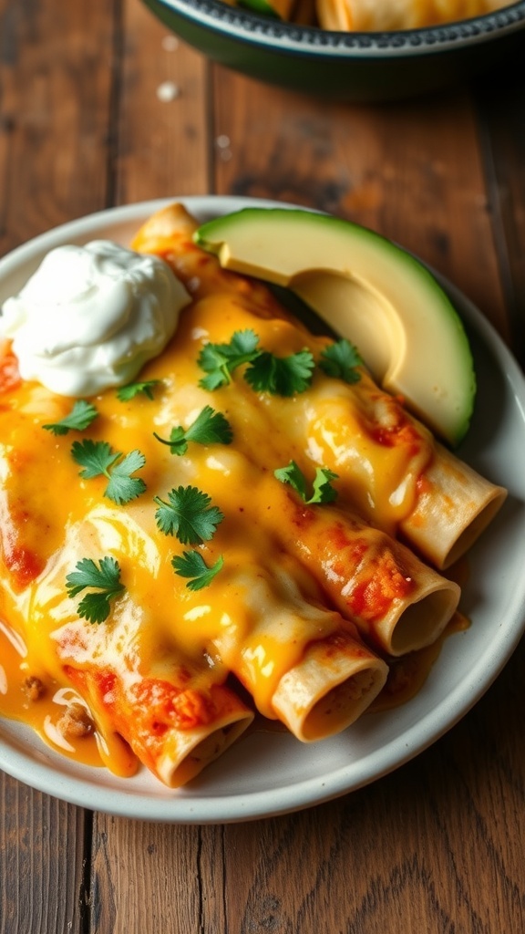 Cheesy chicken baked enchiladas topped with cilantro and served with sour cream and avocado.